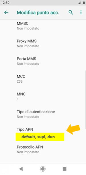 8 Scorri e inserisci il Tipo APN**