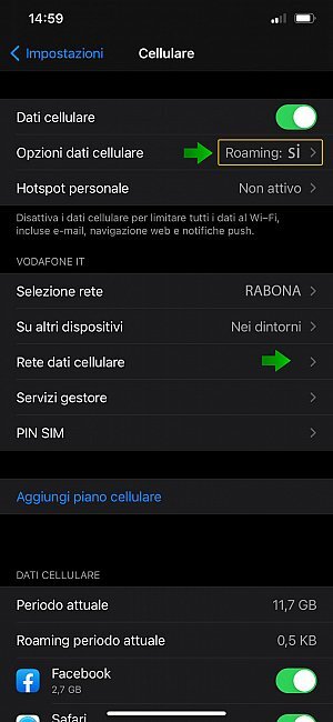 3 Attivare il Roaming e Selezionare Rete dati cellulare